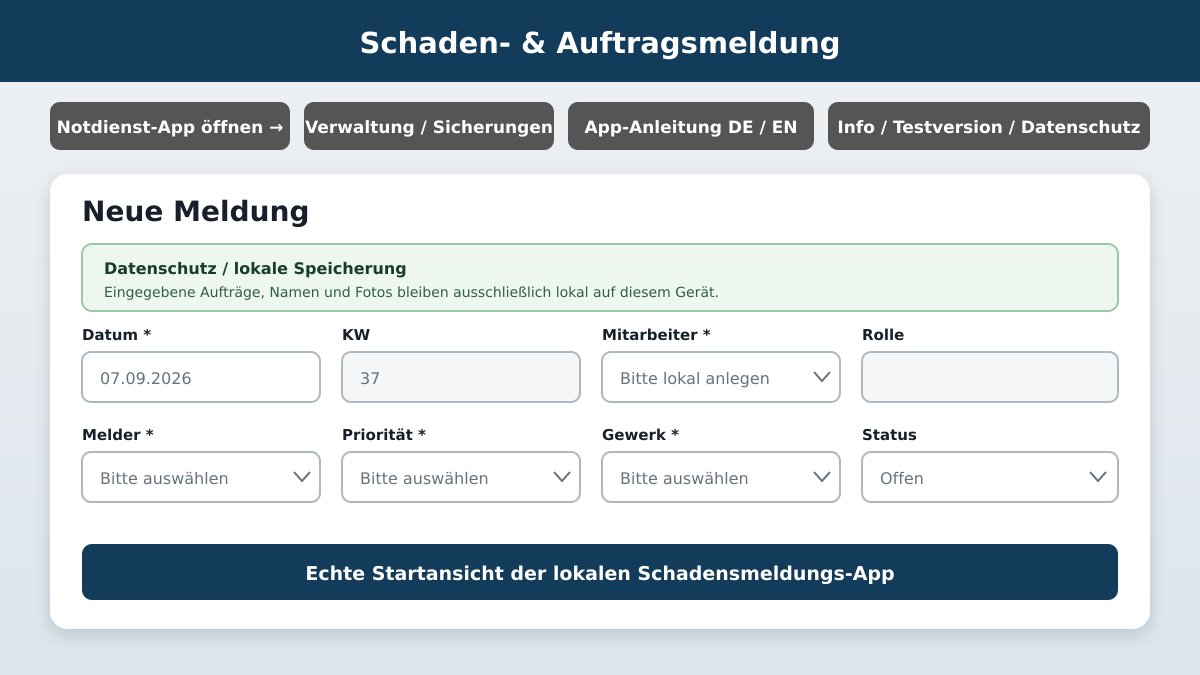 Startansicht der Schaden- und Auftragsmeldung